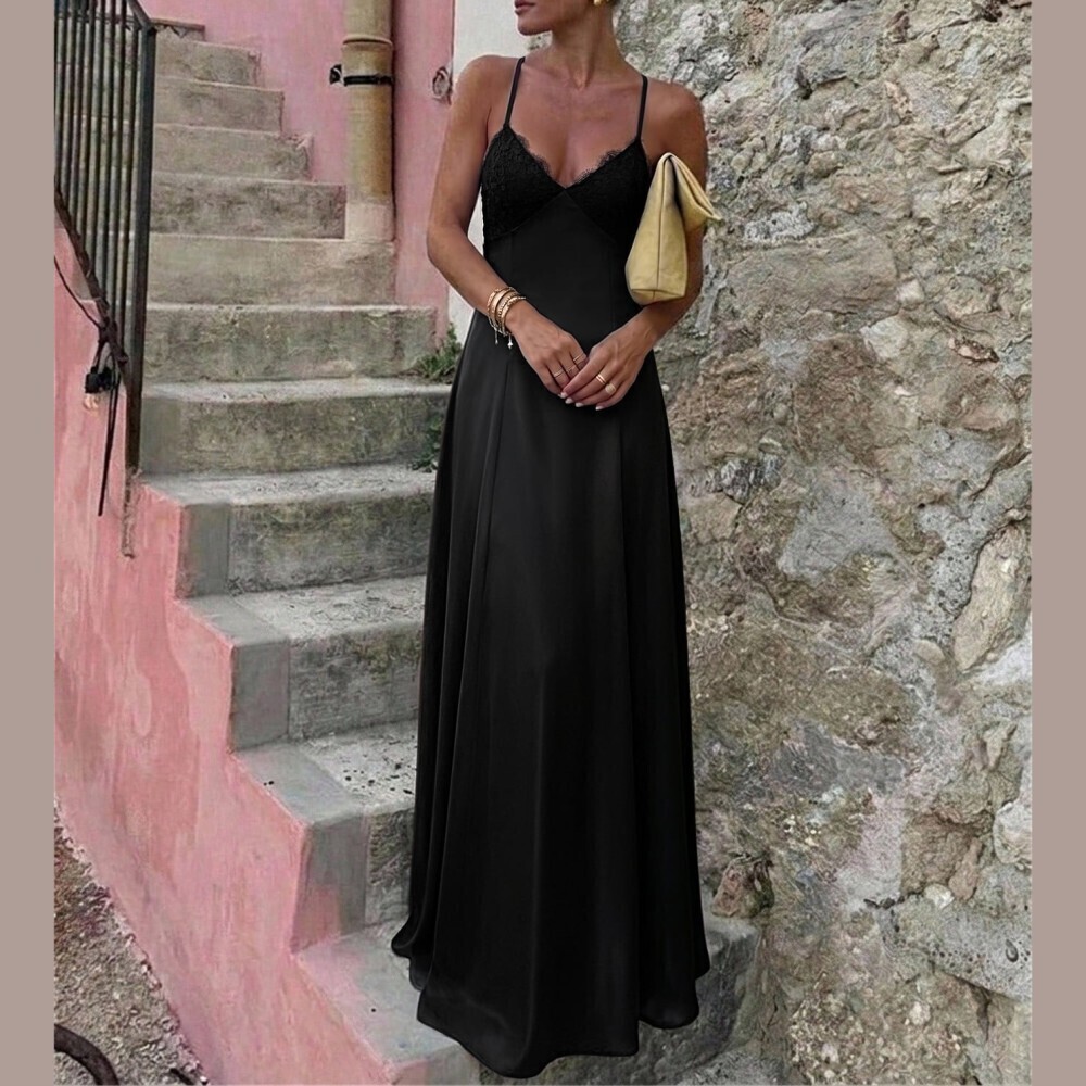Black Lace Trim Halter Neck Spaghetti Strap A-Line Maxi Dress